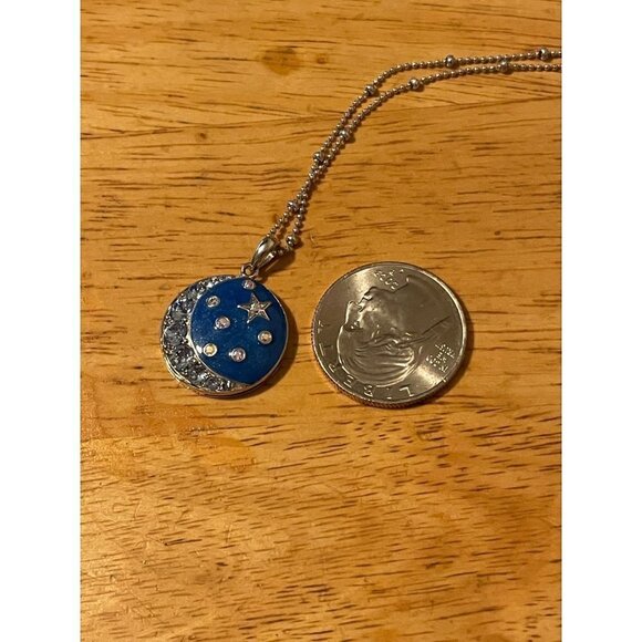 Celestial Stars Moons .925 Sterling Blue Enamel CZ Pendant Necklace 10" Drop - Picture 2 of 8